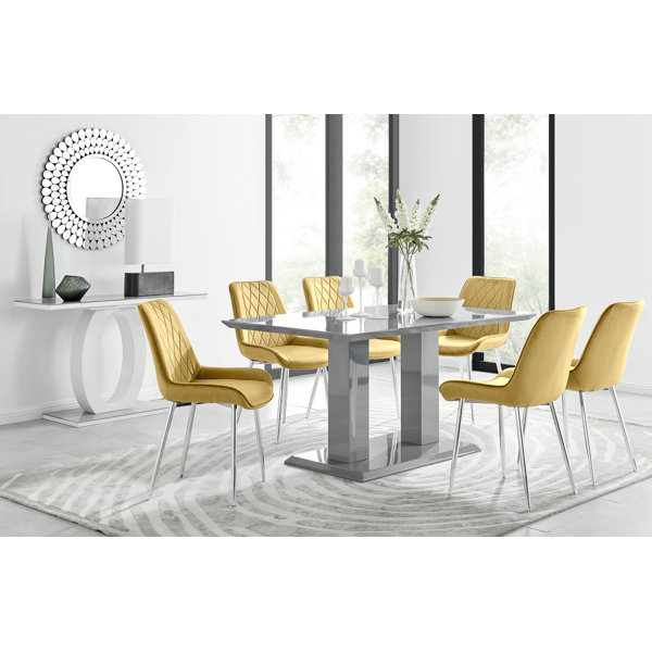 East Urban Home Eubanks High Gloss Double Pillar Dining Table Set with